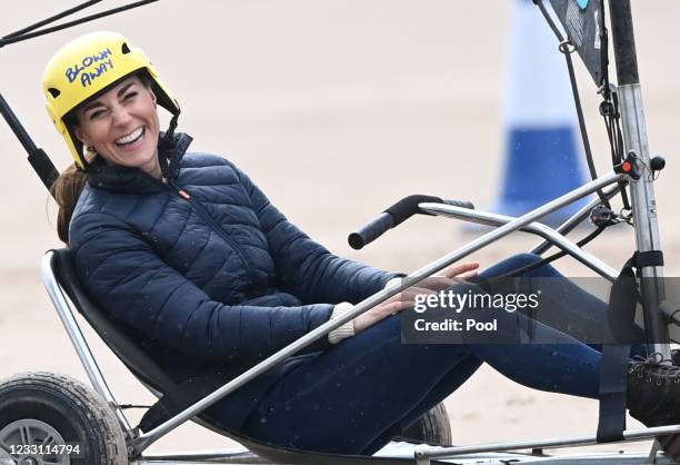 Catherine, Duchess of Cambridge joins young carers from Fife for a session of Land Yachting on May 26, 2021 in St Andrews, Scotland.