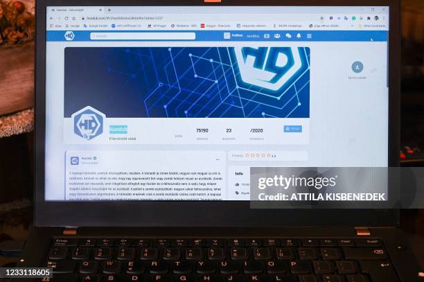 The main page of the new Hungarian social media site "Hundub" is seen on a laptop screen in Budapest on January 26, 2020 as "Hundub" was launched...