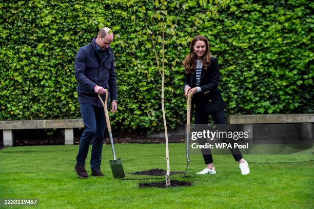 Prince William, Duke of Cambridge and Catherine, Duchess of Cambridge take part in planting a tree during a visit to the University of St Andrews on...