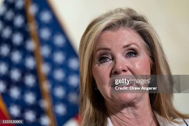 Sen. Marsha Blackburn speaks during a news conference about inflation on Capitol Hill on May 26, 2021 in Washington, DC. The group of Republican...