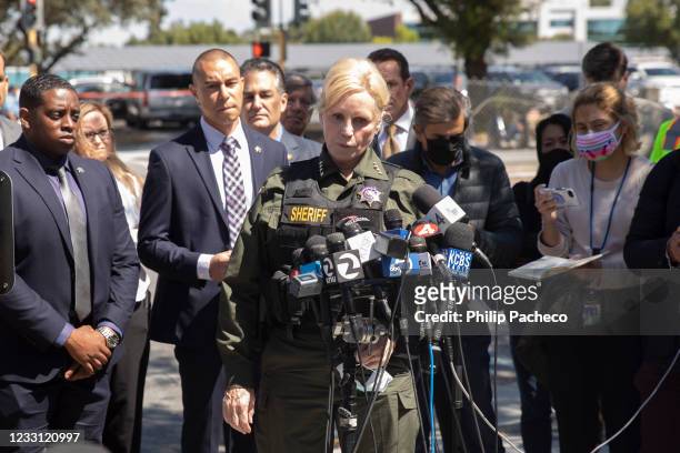 Santa Clara County Sheriff Laurie Smith addresses the media during a press conference near the site of a mass shooting at a Valley Transportation...