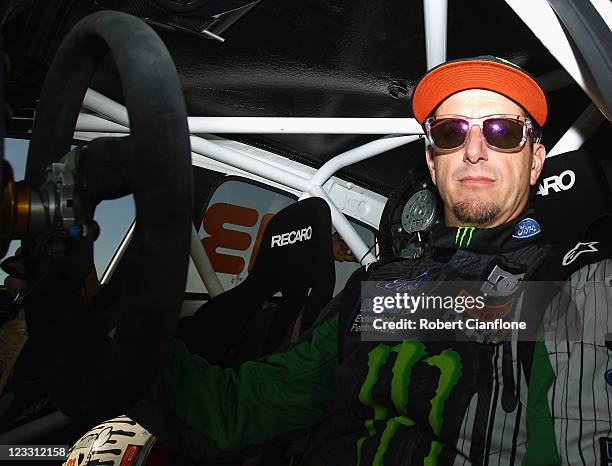 Ken Block of the USA poses prior to a press conference ahead of the Ken Block Gymkhana World Tour at Calder Park on September 2, 2011 in Melbourne,...