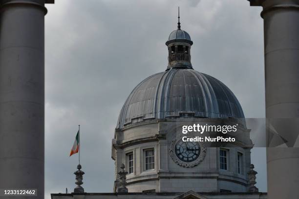 Irish flag on the top of Government Buildings on Merrion Street in Dublin. On Wednesday, 26 May 2021, in Dublin, Ireland.