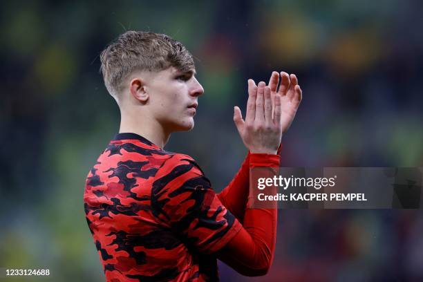 Manchester United's English defender Brandon Williams applauds after the UEFA Europa League final football match between Villarreal CF and Manchester...