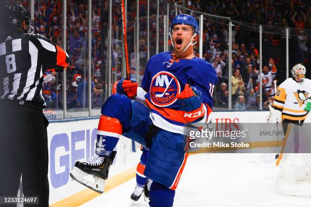 Anthony Beauvillier of the New York Islanders celebrates his first period goal against the Pittsburgh Penguins in Game Six of the First Round of the...