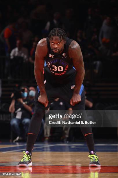 Julius Randle of the New York Knicks looks on against the Atlanta Hawks during Round 1, Game 2 of the 2021 NBA Playoffs on May 26, 2021 at Madison...