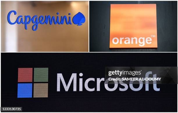 This combination of file photographs created on May 27 in Paris, shows the logos of Capgemini taken at Capgemini headquarters in Paris on June 25,...