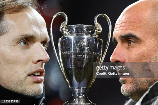 Josep Guardiola, Manager of Manchester City looks on prior to the UEFA Champions League Quarter Final first leg match between Tottenham Hotspur and...