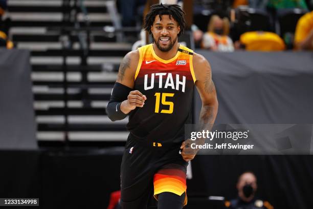 Derrick Favors of the Utah Jazz smiles during the game against the Memphis Grizzlies during Round 1, Game 2 of the 2021 NBA Playoffs on May 26, 2021...