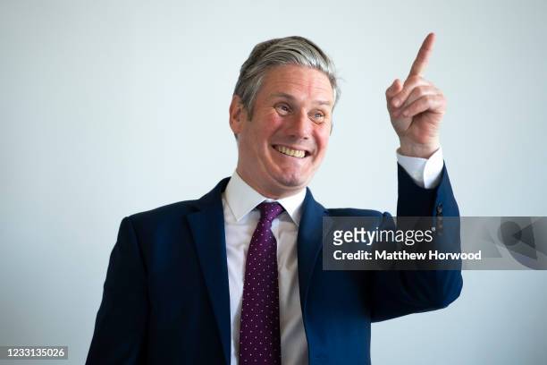 Leader of the Labour Party Keir Starmer points during a visit to the SGS WISE Campus on May 27, 2021 in Bristol, England. The West of England's new...