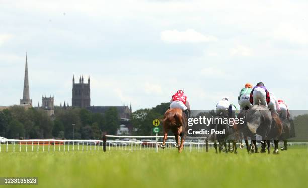 Runners and riders during the Together We Are Stronger Handicap Hurdle at Worcester racecourse on May 27, 2021 in Worcester, England.