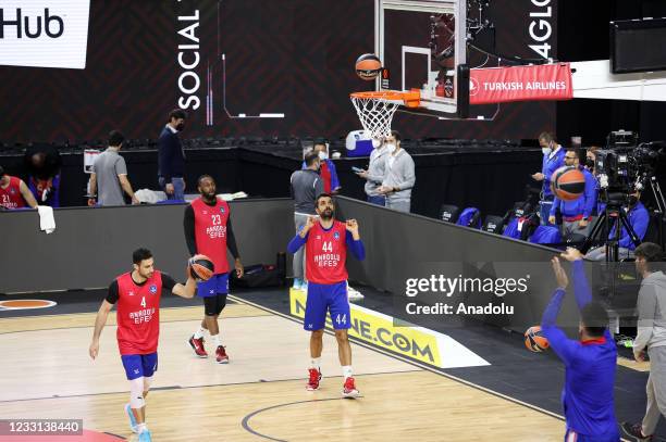 Players of Anadolu Efes take part in a training session ahead of the Turkish Airlines Euroleague Final Four match between Anadolu Efes and CSKA...