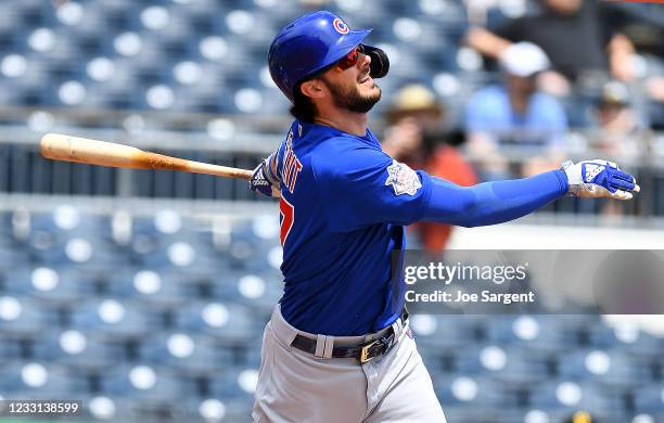 Kris Bryant of the Chicago Cubs watches his solo home run during the first inning against the Pittsburgh Pirates at PNC Park on May 27, 2021 in...