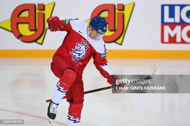 Czech Republic's forward Jakub Vrana celebrates scoring the 2-1 goal during the IIHF Men's Ice Hockey World Championships preliminary round group A...