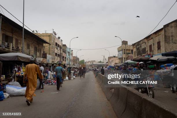 General view of the central market of Bamako on May 27, 2021. - Mali's interim president and premier have been released, a military official said on...