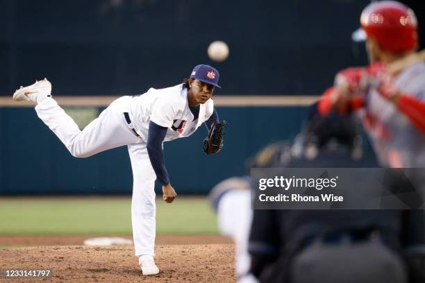 Edwin Jackson of Team USA pitches during the Olympic Qualifiers Exhibition against Team Canada at Jackie Robinson Training Complex on Wednesday, May...