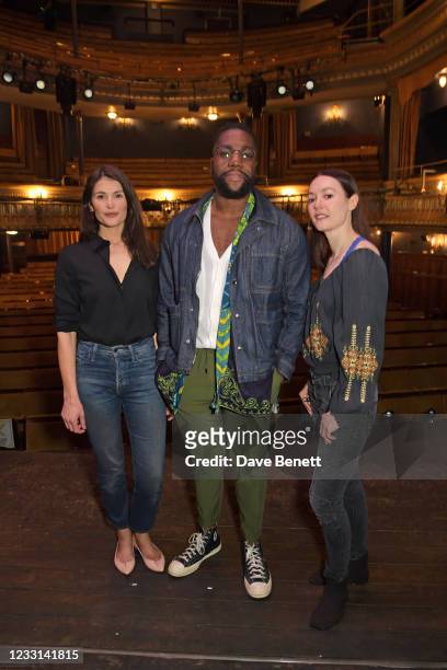 Cast members Gemma Arterton, Fehinti Balogun and Lydia Wilson pose at a photocall to celebrate the opening of "Walden" at the Harold Pinter Theatre...