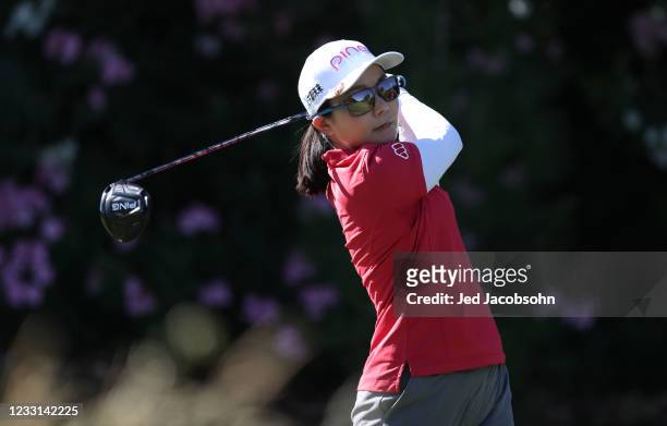 Ayako Uehara of Japan hits from the 11th hole during round two of the Bank of Hope Match-Play at Shadow Creek on May 27, 2021 in Las Vegas, Nevada.