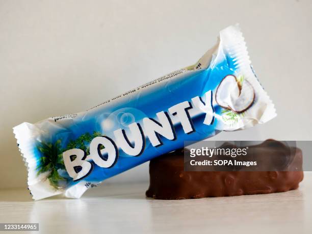 In this photo illustration, Bounty bars seen displayed on a white background.