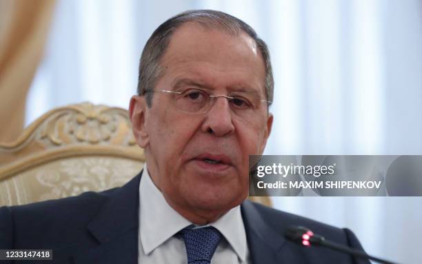 Russian Foreign Minister Sergei Lavrov speaks with his Slovenian counterpart during a meeting in Moscow, on May 28, 2021.