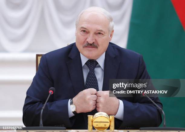 Belarusian President Alexander Lukashenko speaks during a meeting with Commonwealth of Independent States officials in Minsk on May 28, 2021.