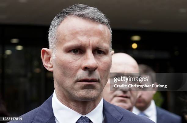 Ryan Giggs leaves Manchester Crown Court after appearing for a plea and trial preparation hearing on May 28, 2021 in Manchester, England. The former...