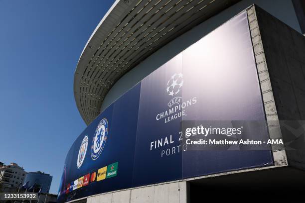 General external view of Estadio do Dragao, home stadium of FC porto featuring giant emblems of Manchester City and Chelsea and UEFA Champions League...