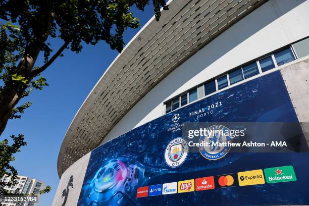 General external view of Estadio do Dragao, home stadium of FC porto featuring giant emblems of Manchester City and Chelsea and UEFA Champions League...