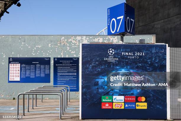 General external view of Estadio do Dragao, home stadium of FC porto featuring giant emblems of Manchester City and Chelsea and UEFA Champions League...