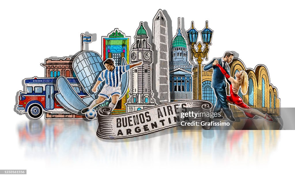 Buenos Aires Argentina with important buildings and symbols