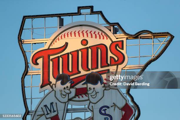 General view of the Minnesota Twins sign in center field during the fifth inning of the game between the Kansas City Royals and Minnesota Twins at...