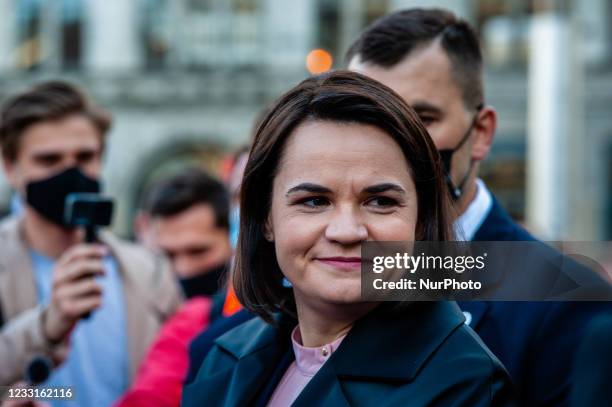 Belarusian opposition leader Svetlana Tikhanovskaya met with the Belarusian community during a protest organized at the Dam Square, Amsterdam, The...