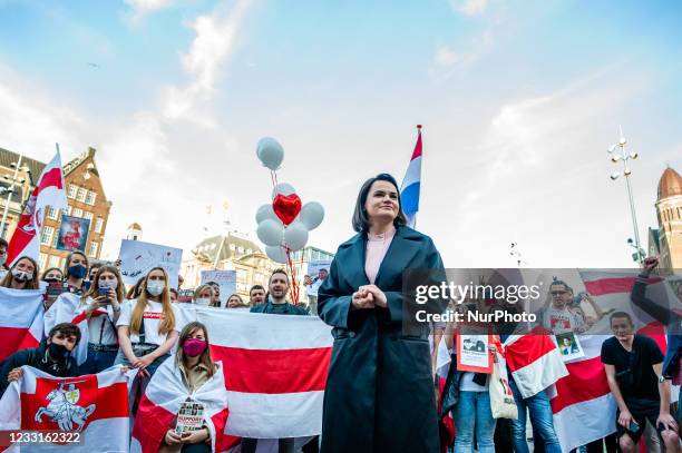 Belarusian opposition leader Svetlana Tikhanovskaya met with the Belarusian community during a protest organized at the Dam Square, Amsterdam, The...