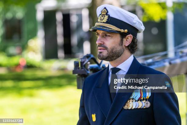 Prince Carl Philip, Duke of Varmland, attends a ceremony in celebration of Veterans Day at the Maritime Museum on May 29, 2021 in Stockholm, Sweden.