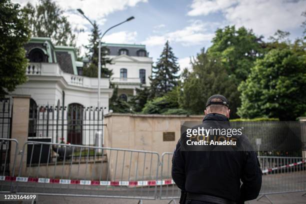 The Russian Federation embassy building is seen in Prague, Czech Republic on May 29, 2021. The diplomatic rift between the Czech Republic and Russia...