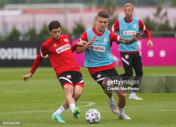 Dawid Kownacki and Kamil Piatkowski of Polish national team during a training session before EURO 2020 in Opalenica, Poland on May 29, 2021.