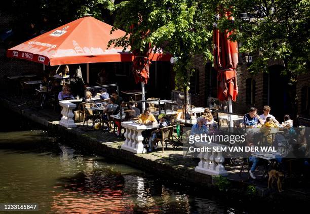 Visitors sit on a terrace in the centre of Utrecht, on May 29, 2021. - Netherlands OUT / Netherlands OUT