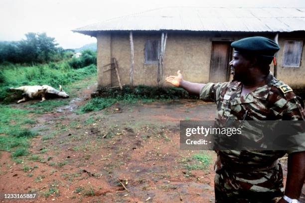 General Tatow of Cameroon points to the dead body of a cow on August 28, 1986 after the explosion of the volcanic lake Nyos in Cameroon killing about...