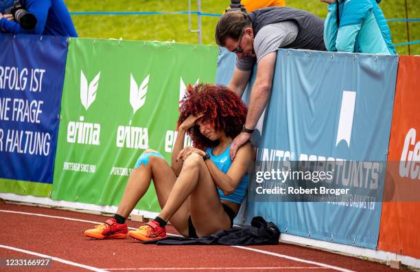 Taliyah Brooks from United States appears disappointed after her elimination from the High Jump during the IAAF Combined Events at Moeslestadion on...