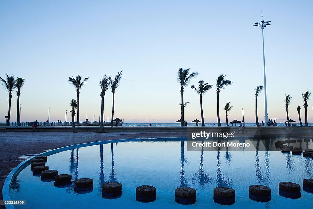 Swimming pools and palm trees on beachfront, Durban, KwaZulu-Natal Province, South Africa