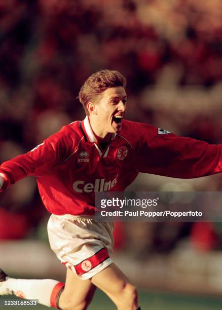 Juninho of Middlesbrough celebrates after setting up teammate Jan Age Fjortoft to score during the FA Carling Premiership match between Middlesbrough...