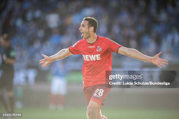 Ellyes Skhiri of Köln celebrates his teams fifth goal during the Bundesliga playoff leg two match between Holstein Kiel and 1. FC Köln at...