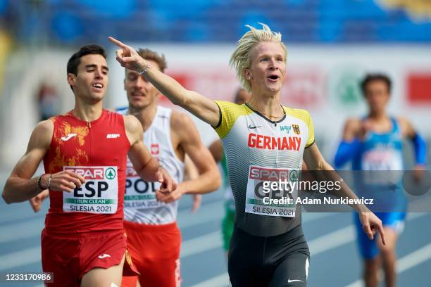 Robert Farken of Germany celebrates his victory in the Men's 1500 meters during the European Athletics Team Championships at Silesian Stadium on May...