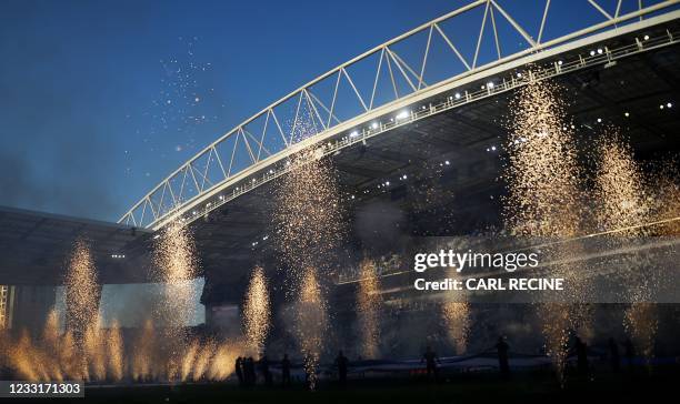 Fireworks are seen during the opening ceremony ahead of the UEFA Champions League final football match between Manchester City and Chelsea at the...