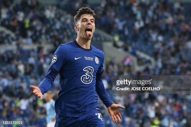 Chelsea's German midfielder Kai Havertz celebrates after scoring his team's first goal during the UEFA Champions League final football match between...