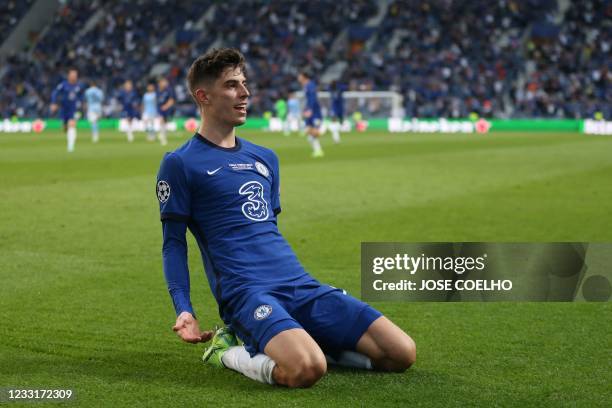 Chelsea's German midfielder Kai Havertz celebrates after scoring his team's first goal during the UEFA Champions League final football match between...