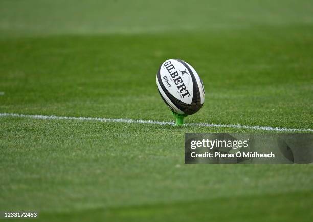 Limerick , Ireland - 28 May 2021; A general view of a rugby ball on a kicking tee in the warm-up before the Guinness PRO14 Rainbow Cup match between...