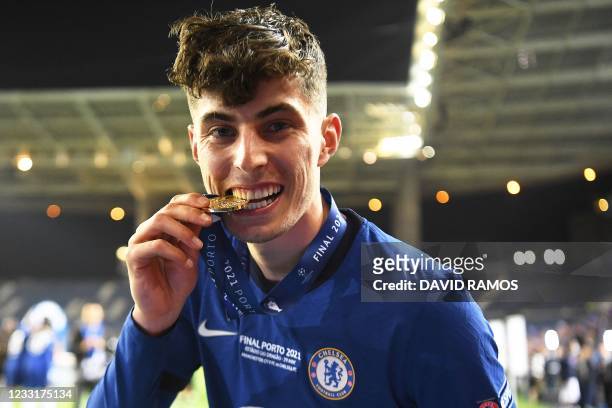 Chelsea's German midfielder Kai Havertz celebrates with his medal after winning the UEFA Champions League final football match between Manchester...
