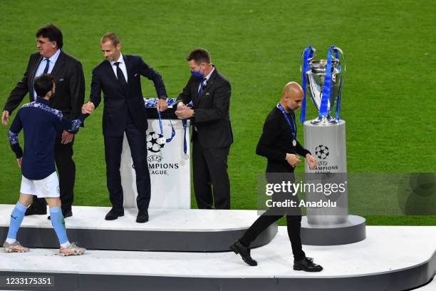 Manchester City head coach Pep Guardiola gestures at the end of the UEFA Champions League final match against Manchester City at Dragao Stadium on...