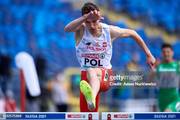 Patryk Dobek from Poland competes in mens 400 meters hurdles during the European Athletics Team Championships at Silesian Stadium on May 29, 2021 in...